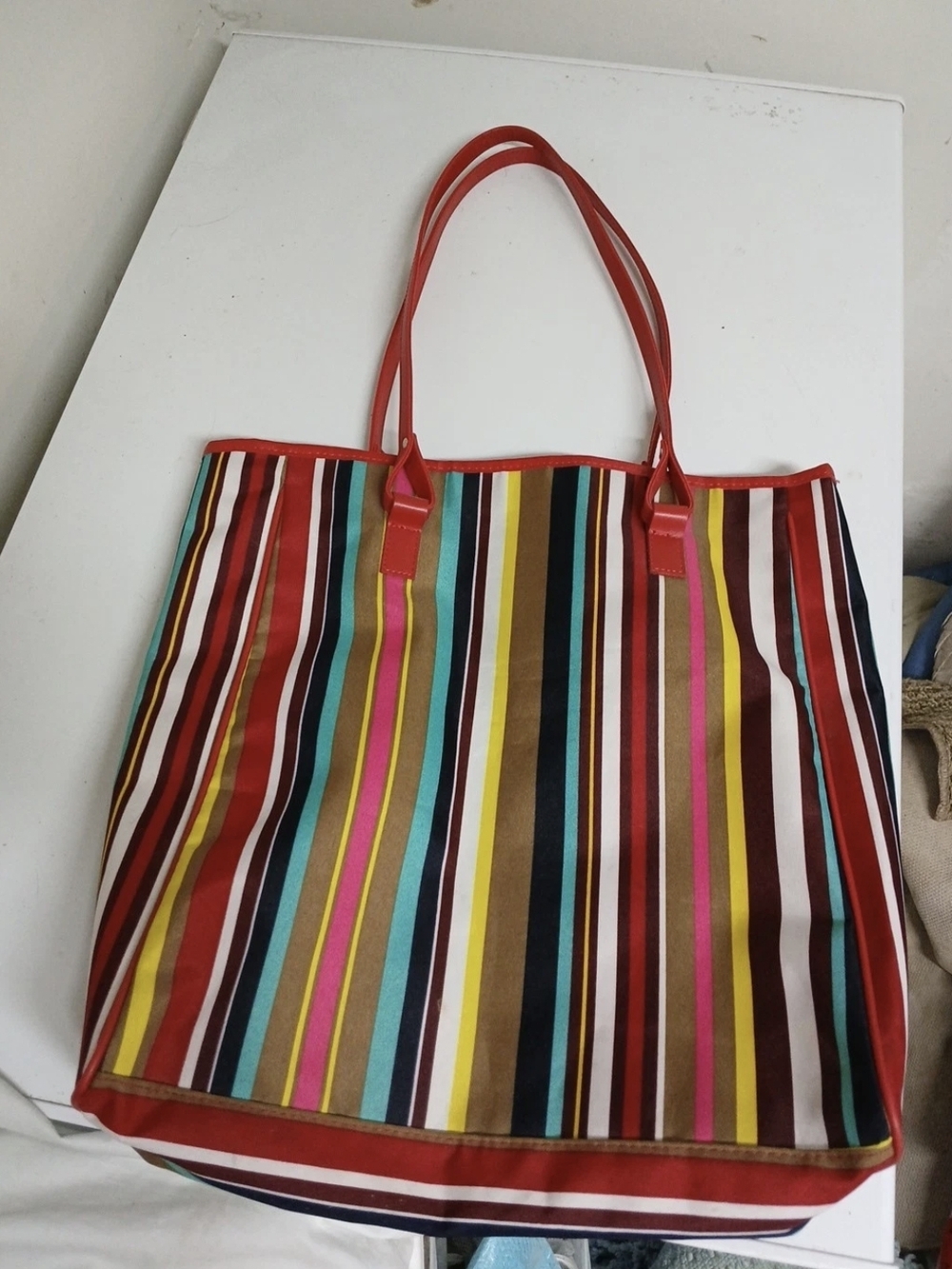 Lancome Striped Tote with Red Handles and Multi-Color Stripes